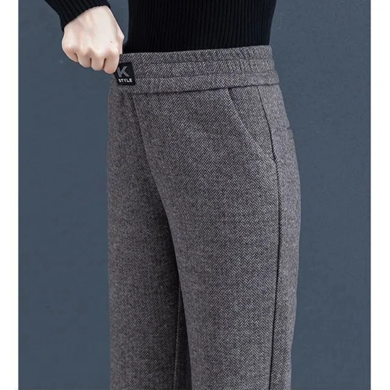 Simplicity Fashion Autumn Winter Woolen Pants Women Solid Pockets High Waist Plus Velvet Straight Wide Leg Ankle Length Trousers