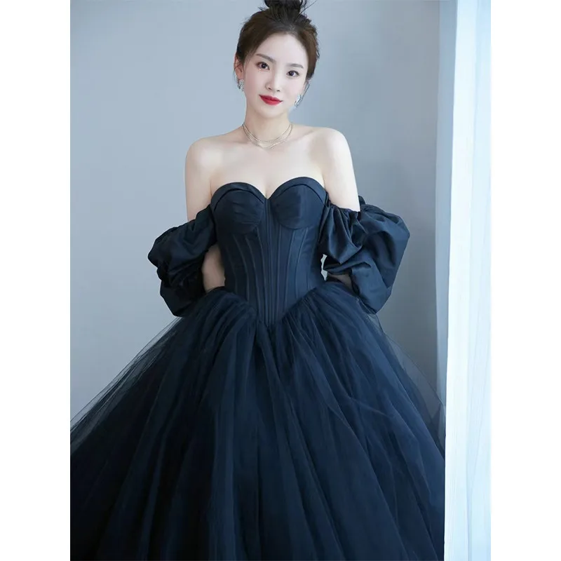 

Black Hepburn Style Wedding Dress 2025 New Satin Temperament Banquet Princess Fluffy Skirt Tube Top Sleeveless Sexy Party Dress