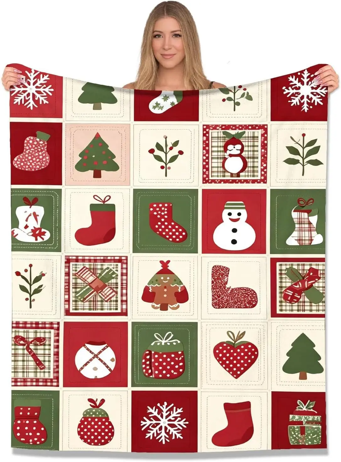 Flannel Throw Blanket, Soft Patchwork Xmas Stocking Snow Print, Washable All Season Blanket for Sofa Bed, (White,40 * 50inch)