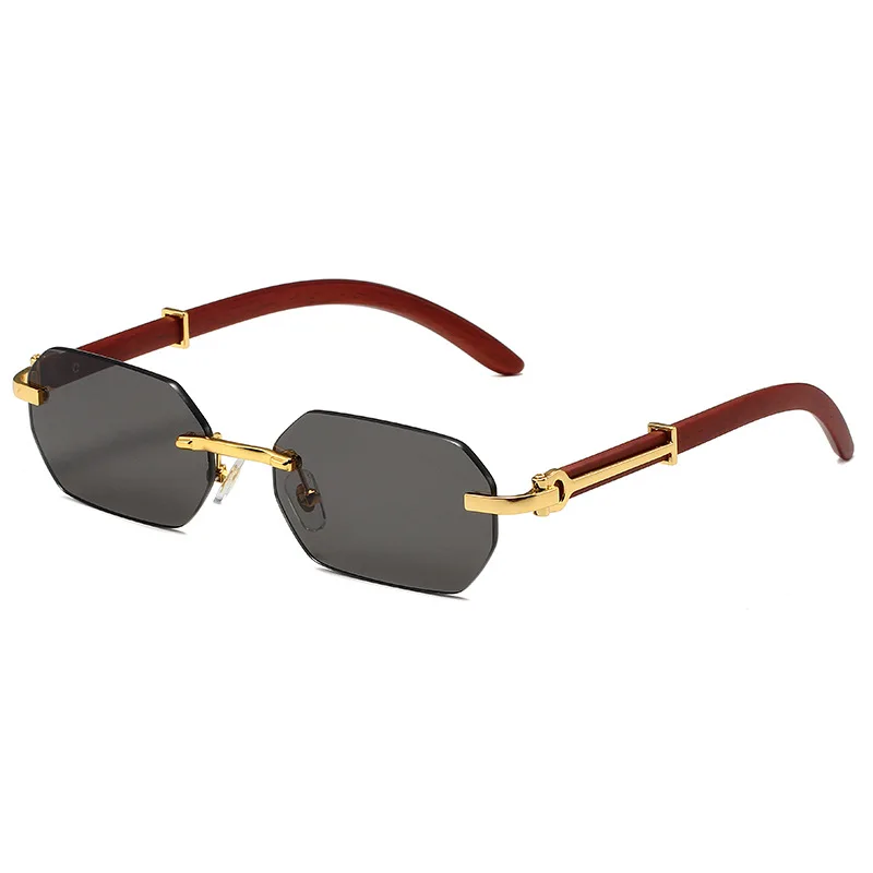 Hiking Camping Rimless Polygon Sunglasses for Men Women Rectangle Wood Frame Sun Glasses Retro Shades Traveling Eyewear UV400