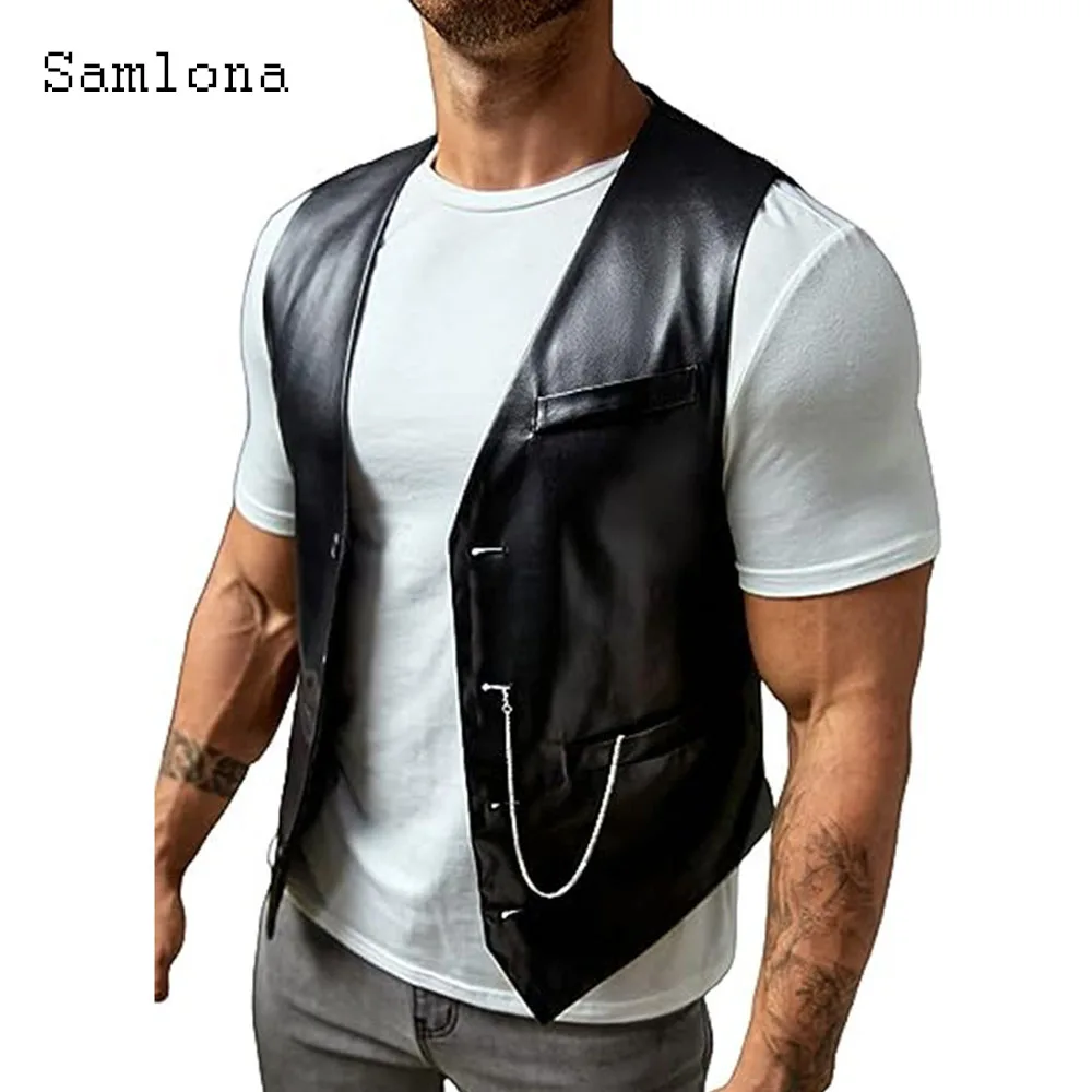 Samlona 2024 Men Vintage Pu Leather Tank Tops Men's Sleeveless Stand Pockets Outerwear Punk Style Fashion Short Basic Vest New