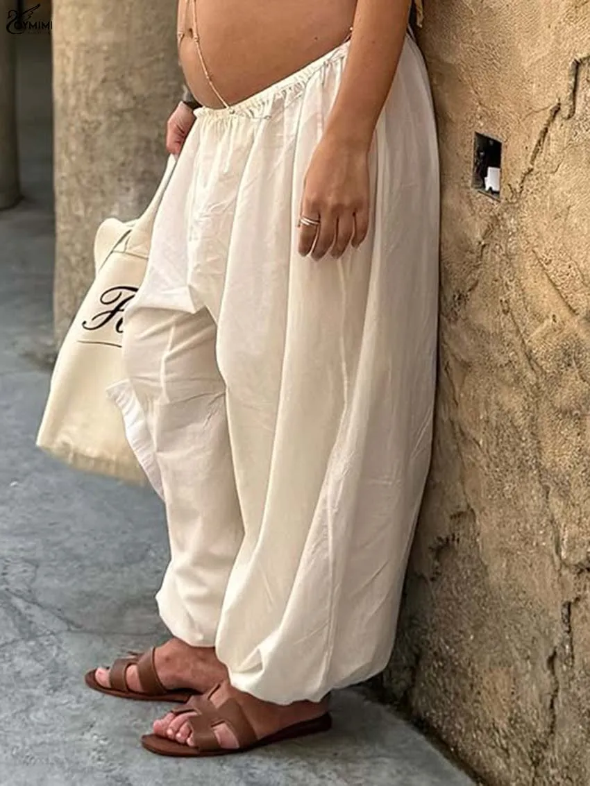Oymimi Casual White Cotton Women's Pants Fashion Drawstring Low Waisted Trousers Autumn New Loose Ankle-Length Pants Streetwear