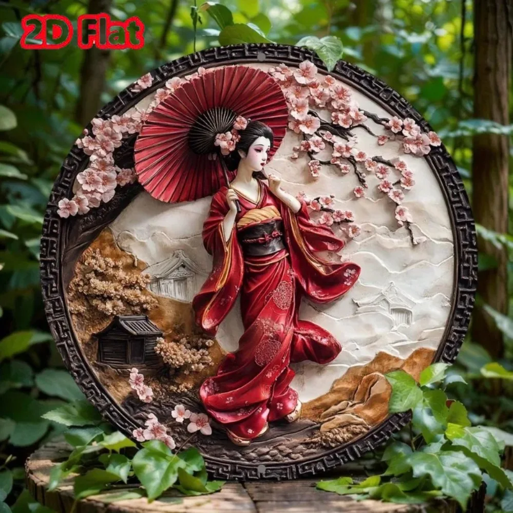 Marke Japanischer Kimono-Wandkunst aus Aluminium – flaches, rundes 2D-Metallschild mit vorgebohrten Löchern für Home-Office-Bar-Party-Dekoration
