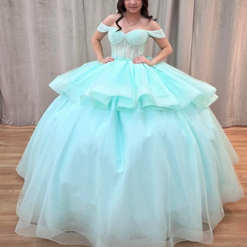 

Голубое блестящее бальное платье Quinceanera, платья с открытыми плечами, расшитое бисером, кристаллами, тюлем и бисером, вечерние, день рождения, сладкое платье 16, Vestid