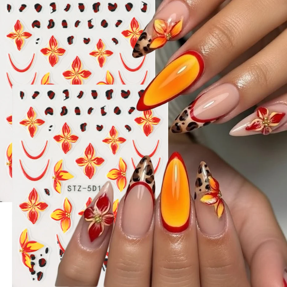 5D Geprägte Orange Leoparden-Hibiskus-Blumen Nagelaufkleber Y2K Leoparden- und Hawaiianische Blütenblätter Selbstklebende Slider DIY Nagelsticker