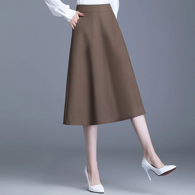 

2024 New Women Solid A-Line Suit Skirt Spring Autumn Elastic Waist Mid-Length Pocket Office Lady Skirt Casual Skirt P316