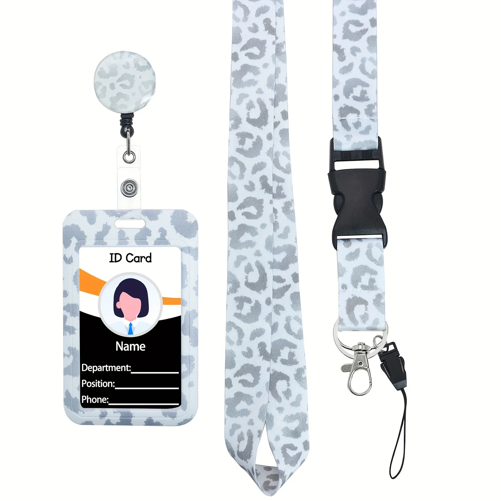 Black&White Leopard Phone Lanyard Id Badge Card Holder Retraetable Badge Reel Neck Strap for Keys Keychain Credit Card Key Ring