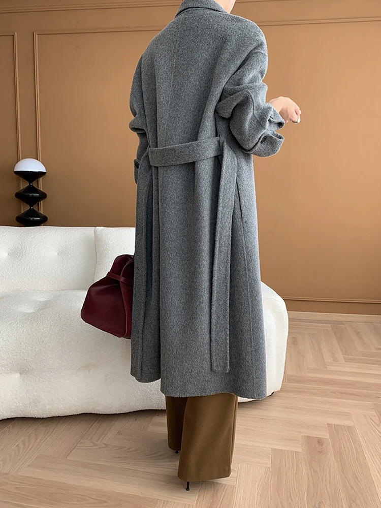 LANMREM Elegant Double Sided Woolen Coat Women\'s Lapel Solid Color Belt Gathered Waist Coats 2024 Autumn Winter New 2Z3053