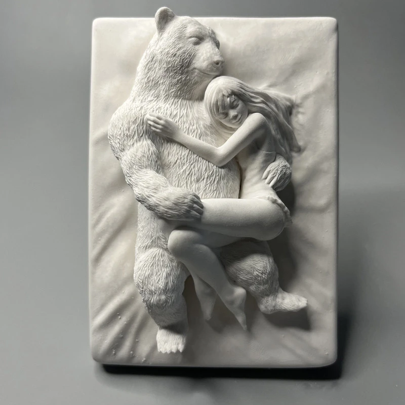 Girl Hugging Bear Sleeping Statue Healing Plaster Relief Figurine for Bedroom Decor Aesthetic Fairy Tale Sculpture Gift Desktop