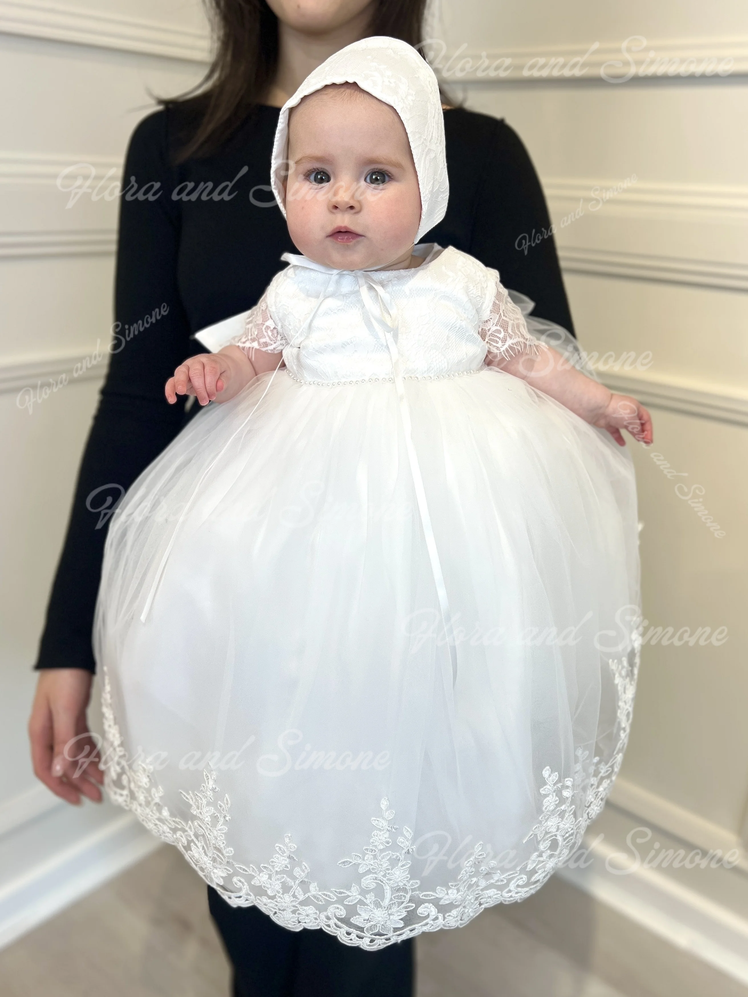 White Chiffon Short sleeves Embroidered Print Flower Girl Dress for Infant baptism Wedding Ceremonies Formal Receptions Parties