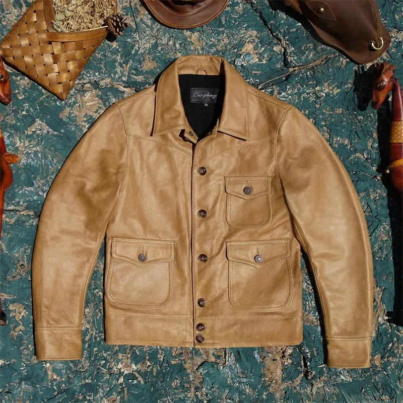 

Three-pocket denim tobacco-colored imported oil wax first layer cowhide leather jacket men's American retro western