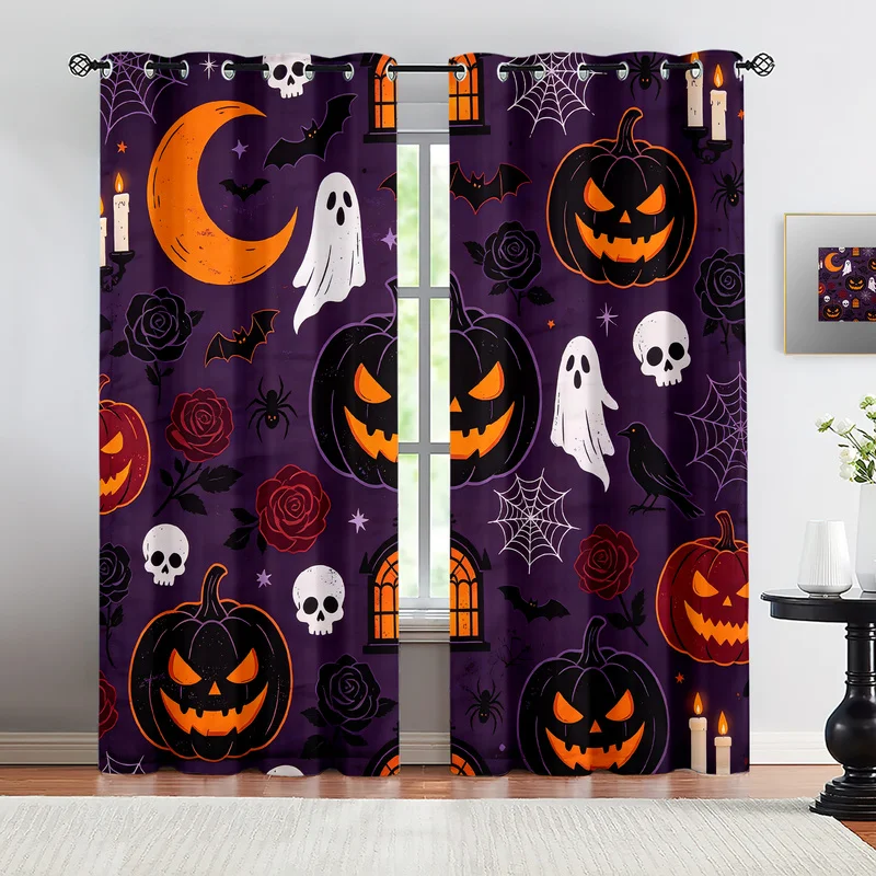 2Pcs Microfiber Halloween Curtains,85% Light Blocking,Easy To Install,Multi-Sizes,Machine Washable,Gothic Ghost Pumpkin Print