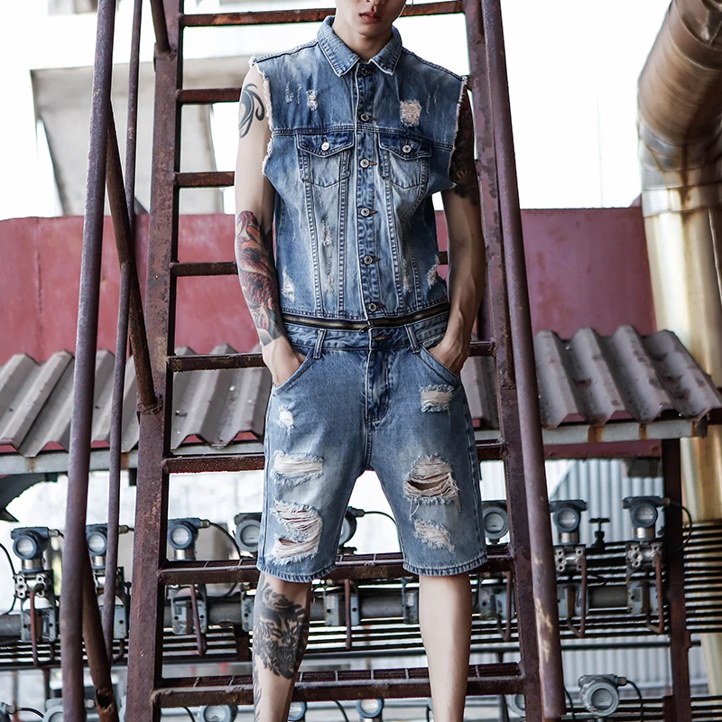 

Detachable Denim Overalls Men's Faion Autumn Workwear Ripped orts Jaet Vest Set Youth Japanese Retro Sle Jeans Fabric
