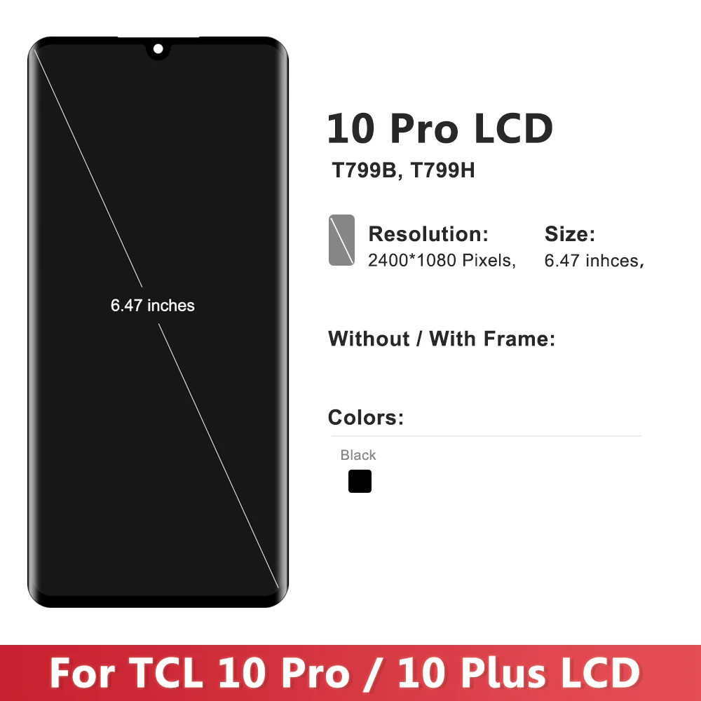 Tela LCD para TCL 10 Pro, Painel de Toque, Substituição do Conjunto Digitador, T799B, T799H, 10 Plus, Novo