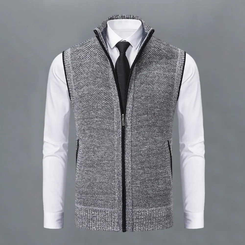 

Men Autumn Winter Vest Coat Stand Collar Knitted Cardigan Zip Up Neck Protection Sleeveless Slim Fit Warm Casual Soft Mid Length