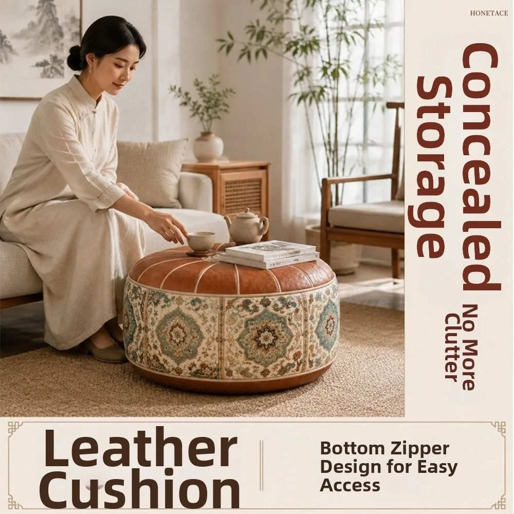 New PU Leather Ottoman Pouf Foldable Round Shape Storage Ottoman Fillable Boho Pattern Round Pouf Cover Living Room Use view 2