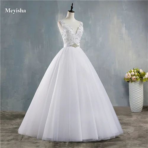 Imagen 2 del producto ZJ9172 personalizado 2025 nuevo cuello en V blanco Vintage vestidos de novia para novias vestido de talla grande cuentas cristal tul hasta el suelo