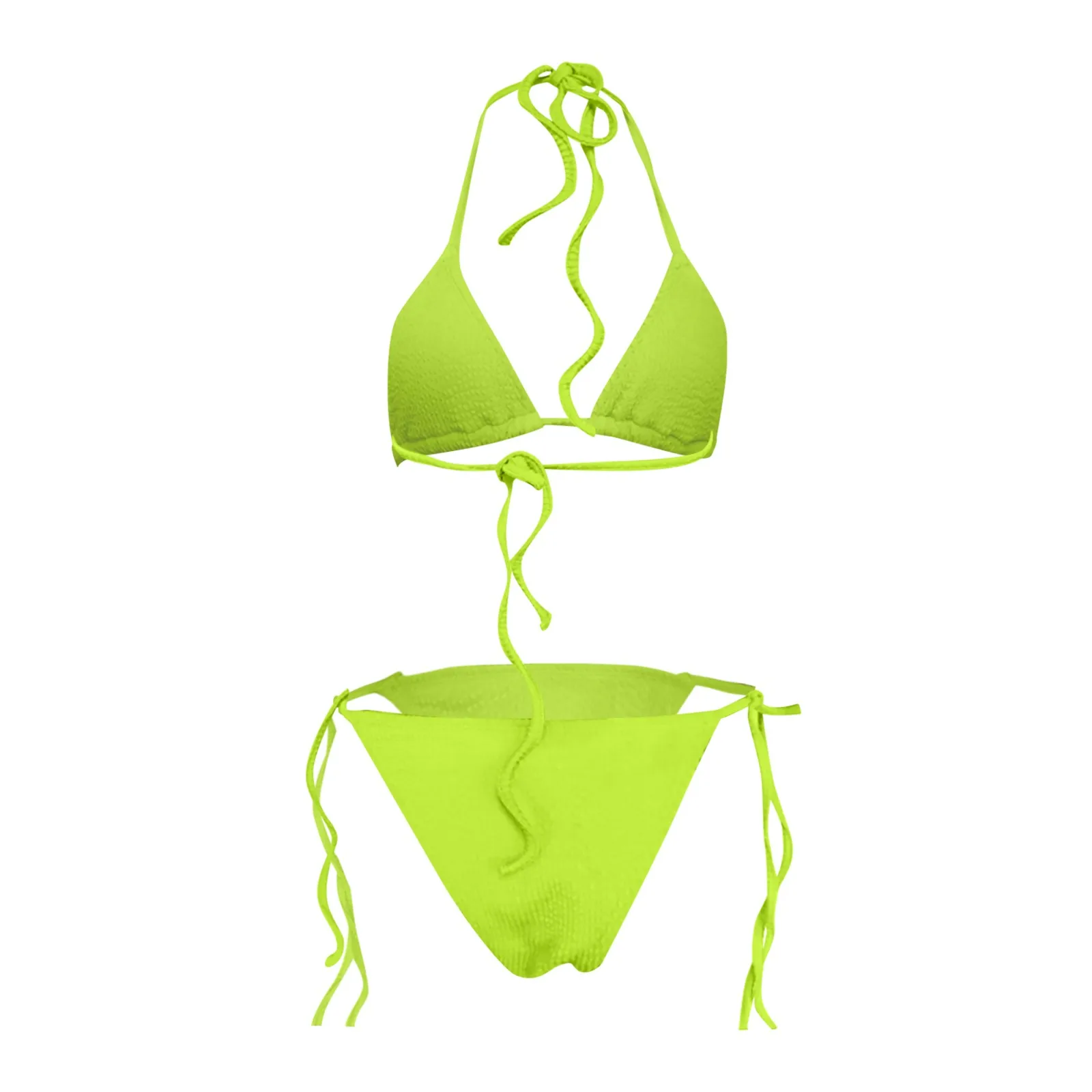 المرأة التجاعيد القماش بيكيني الاتجاه معكرون اللون الصلبة زي سباحة من قطعتين مثير Halterneck التعادل حمّالة الصّدر مع الجانب الدانتيل متابعة ملخصات مجموعة