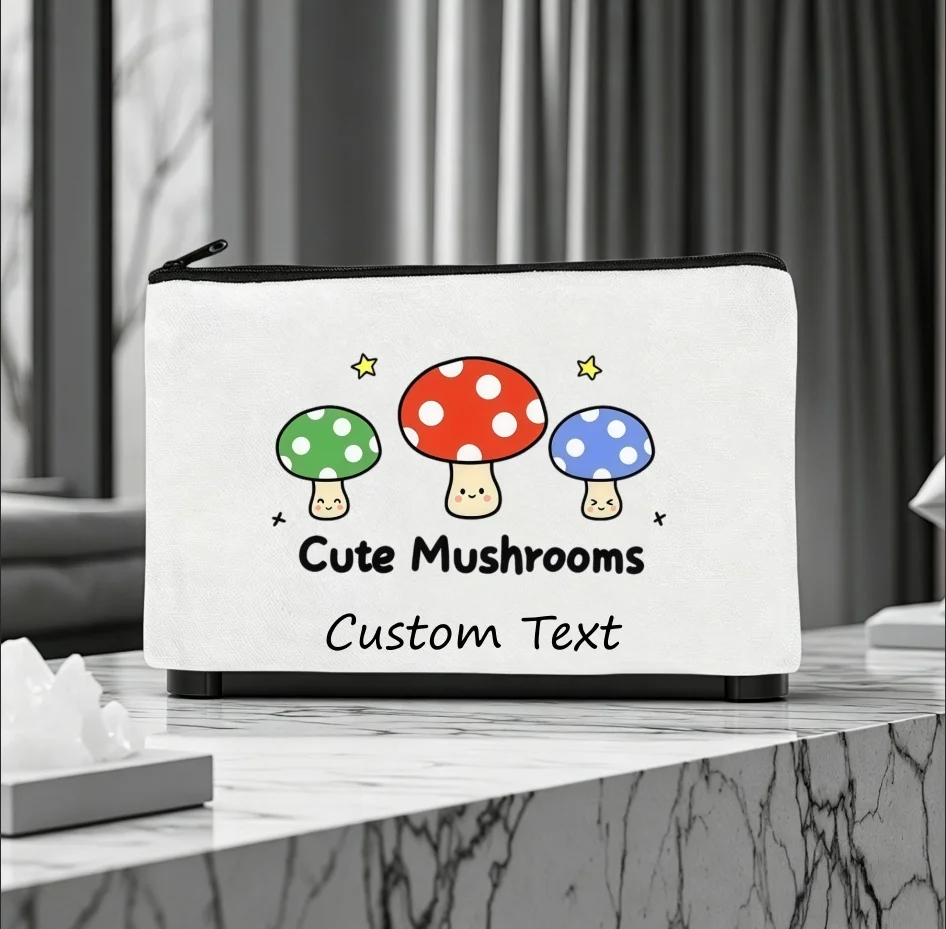1PC Custom Text Cute Colorful Mushroom Cosmetic Bag Personalized Canvas Zipper Makeup Storage Pouch view 3