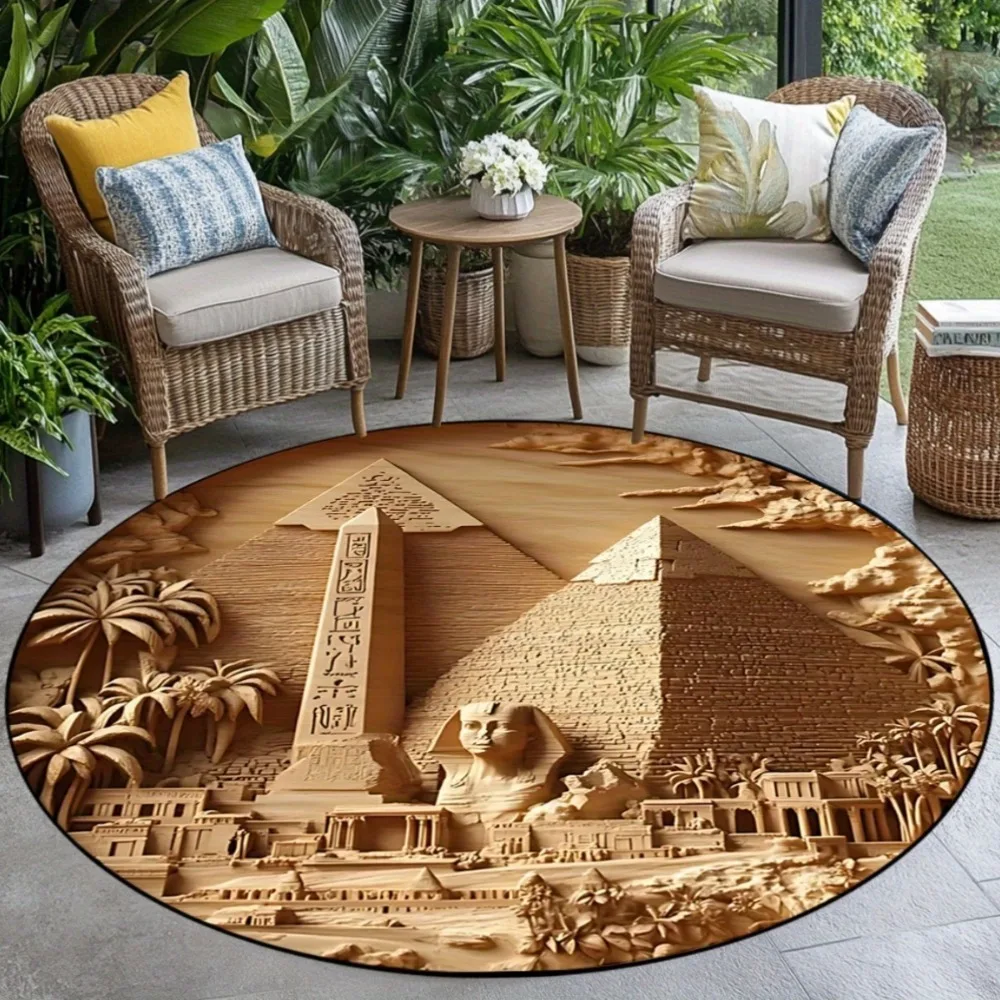 Retro Egyptian Pyramid Round Area Rug, Simple Aesthetic Non-Slip Floor Mat, Decor Carpet for Living Room Bedroom Home Office