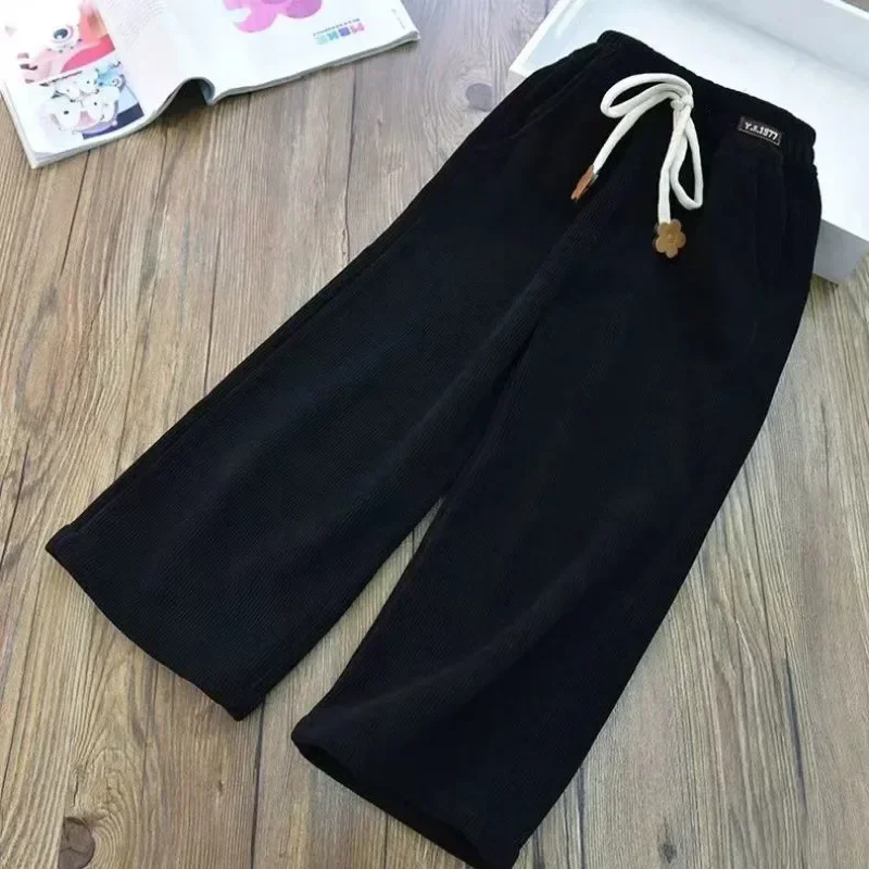 Stylish Teenage Girls Loose Corduroy Pants Solid Color Casual Warm Pants Girl Clothing Fleece Trousers Jogger Pant for Children