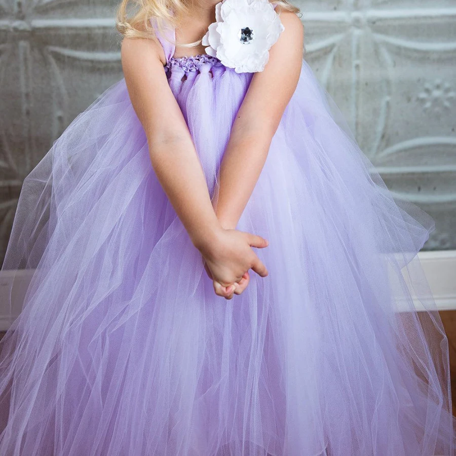 

Light Purple Suspenders Flower Girl Dress For Kids Princess Ankle Length Wedding Tulle Beach Ball Gown Beauty Pageant Wear