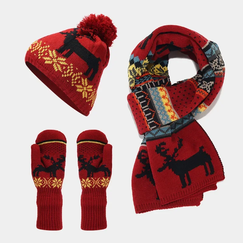 3Pcs Christmas Reindeer Jacquard Hat Gloves Scarf Set Autumn Winter Stylish Warm Knit Cap Gloves Neck Scarf Three-piece Set