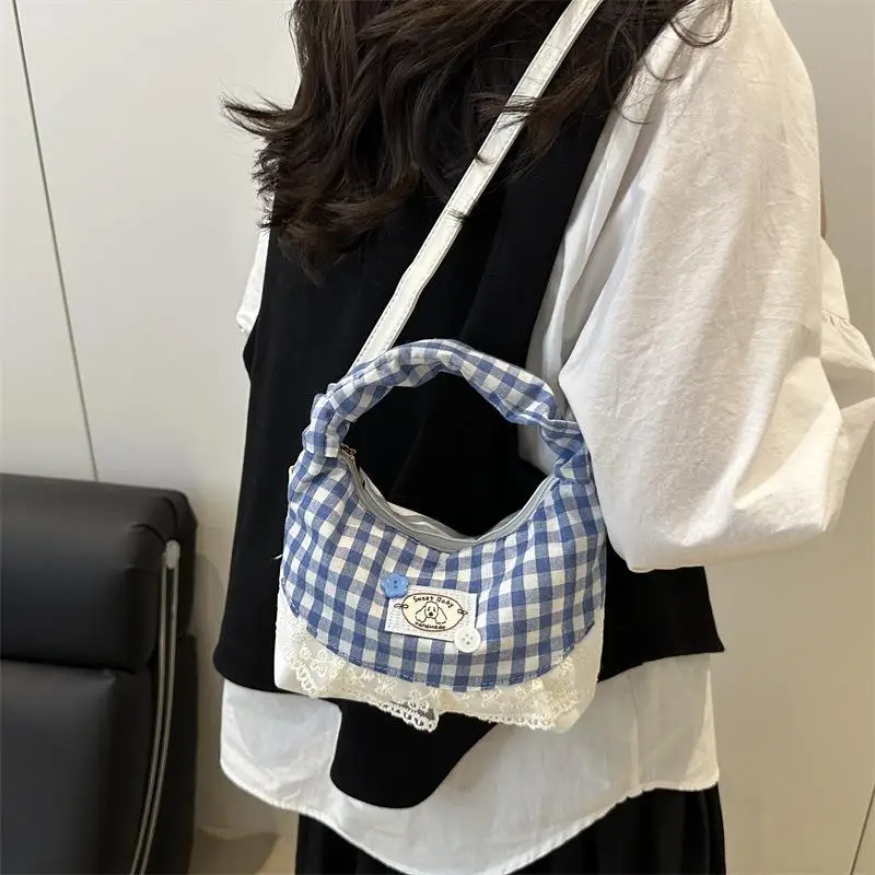 

Sweet Lace Plaid Women's Shoulder Bag Patchwork College Style Y2K Korean Crossbody Handbag