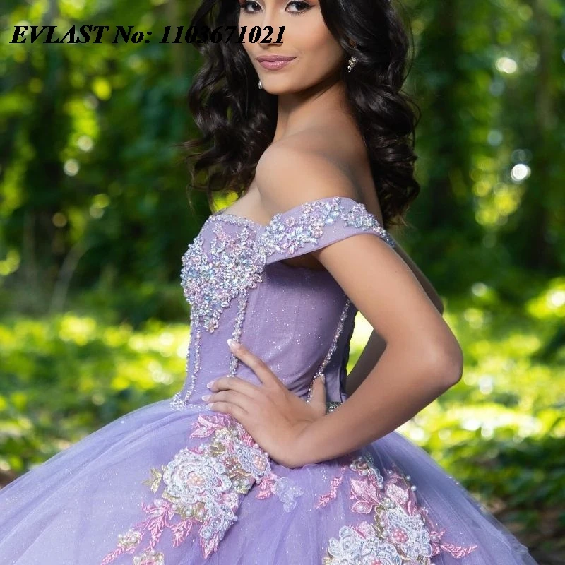 فستان Quinceanera المكسيكي المخصص من EVLAST فستان حفلة مزين بالدانتيل مطرز بالخرز الحلو 16 ثوب Vestidos De XV 15 Anos SQ150