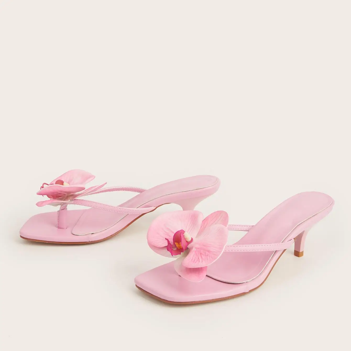

Pink Heels Slippers Kitten Heels Woman Leather High Quality Flower Heeled Flip Flops Size 11 Elegant Trip Party Dress Shoes