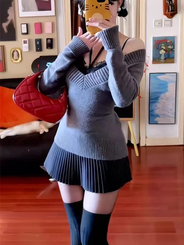 2025 موضة المرأة الاتجاه مثير سترة Vintage سترة برقبة على شكل v وقميص قصير رمادي الخريف الشتاء بلوفر مغزول كل مباراة البلوزات #4