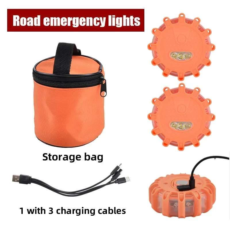 

USB-C Rechargeable LED Road Flares Emergency Roadside Warning Safety Beacon Flashing Disc Flare Kit with Magnetic Base