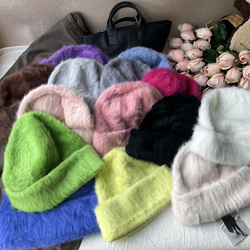 2023 neue Mode Kaninchen Fell Y2k Mützen für Frauen Weiche Warme Flauschigen Angola Winter Hut Weibliche Winddicht Motorhaube Hut Skullies Kappe – Detail 13