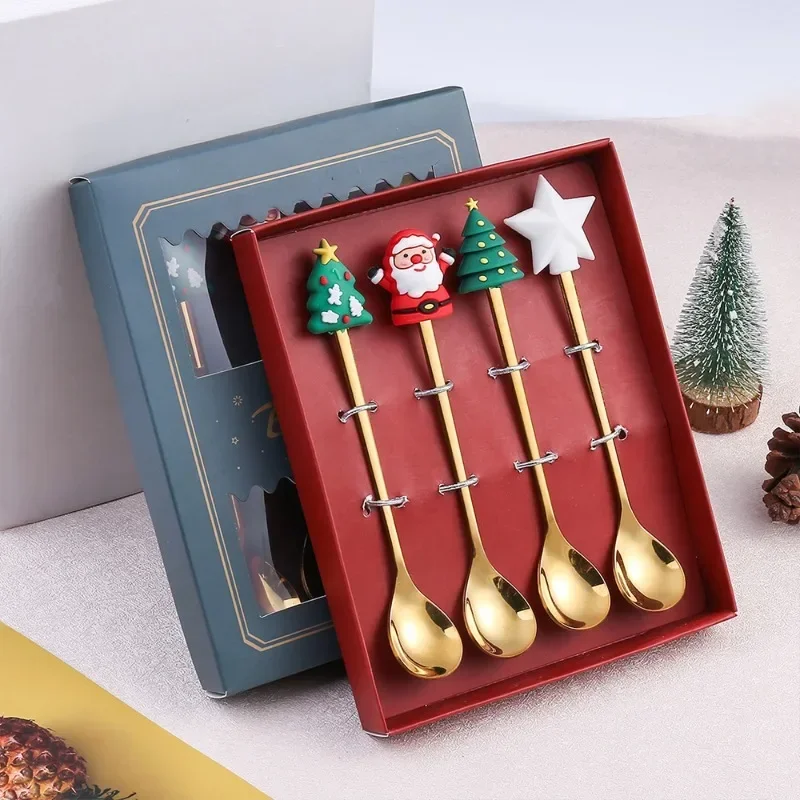 4Pcs Christmas Gift Cutlery Set Elk Christmas Tree Snowman Decoration Coffee Spoons Fruit Fork Dessert Spoon Tableware Gift