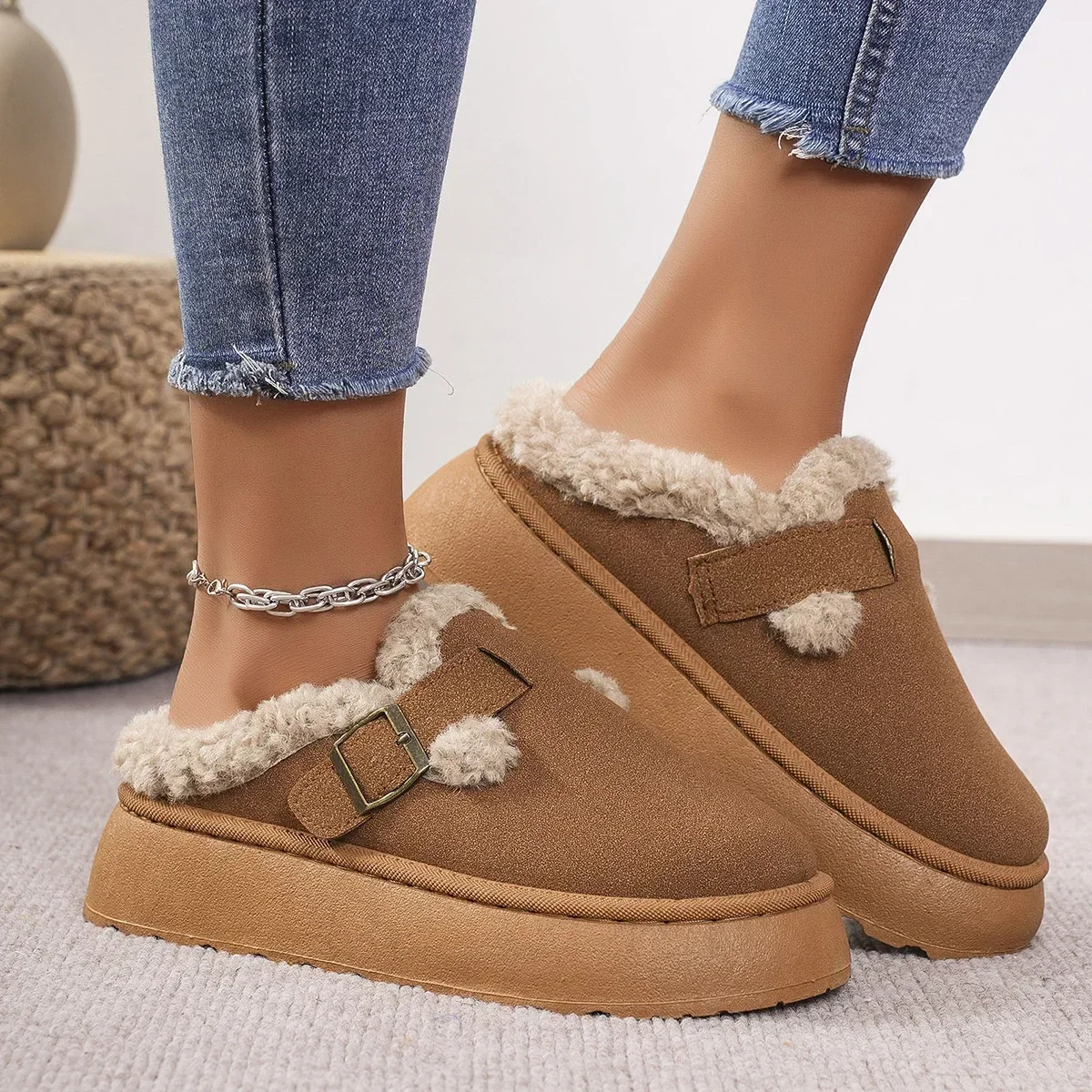 Chaussures Boken en peluche pour femmes, chaussures haricot rétro, coton, semelle plate, pantoufles, bottes à plateforme, luxe, mode, hiver, nouveau