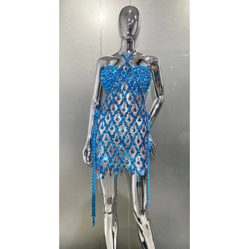 Two-Piece Peacock Blue Sequined Rhinestone Tube Top Halter See-through Dress Party Performance Dress