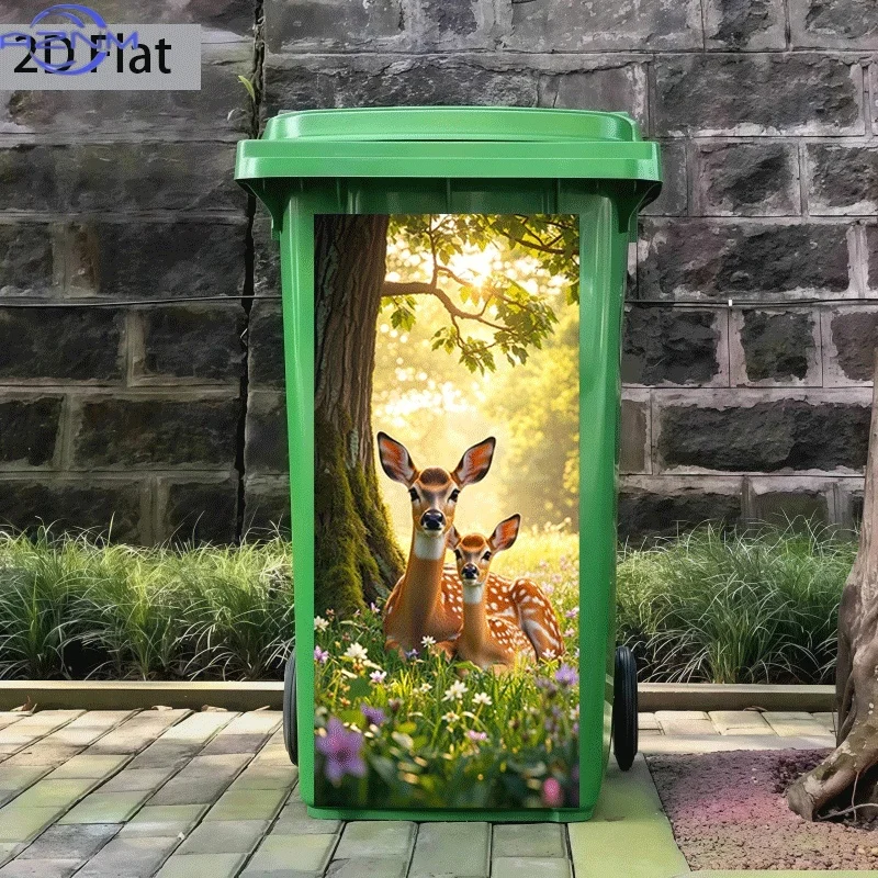 Printing Trash Can Sticker 37×82cm, Mother Deer and Fawn in Morning Light Themed Design, Self-Adhesive Wall Decal Wallpaper, K