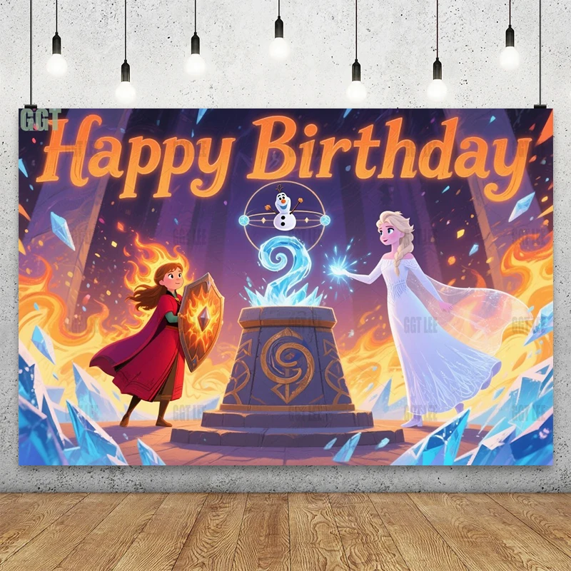 

Disney Elemental Altar Backdrop - Elsa Ice Storm Anna Fire Shield Party Decor Happy Birthday Photography Background Custom
