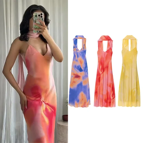 Vestido largo elegante con estampado degradado Tie-dye y bufanda para mujer, vestido de noche sin mangas con espalda descubierta para vacaciones, verano 2025