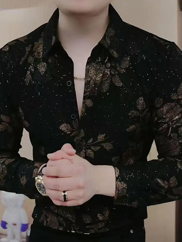 Men's Shirt with Long Sleeves Autumn and Winter Fashion Lapel Trendy Handsome Print Casual Slim Body