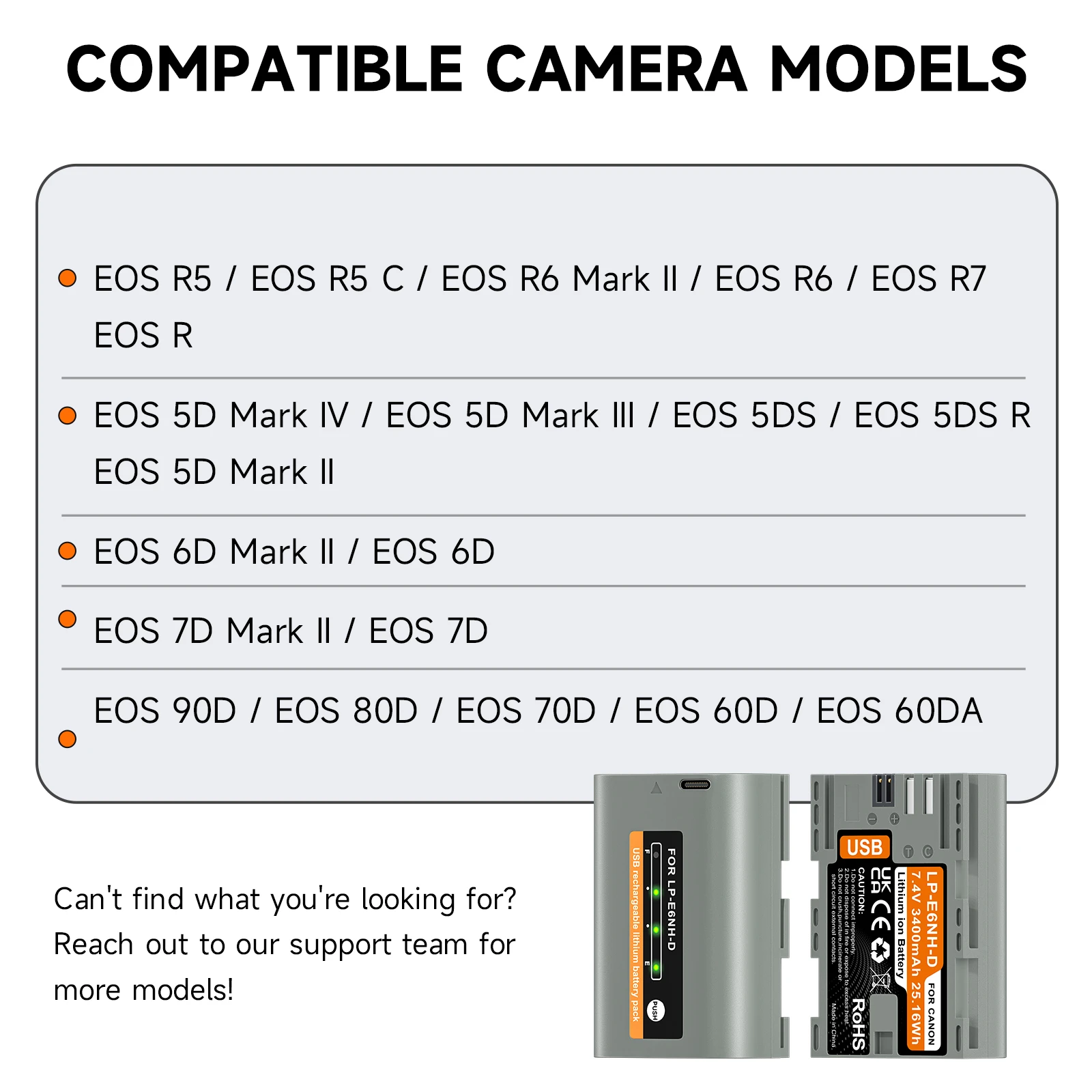 3400mAh LP-E6NH LP E6N LP-E6 Battery with USB Charging Port for Canon EOS R R7 R5C R5 R6 90D 70D 80D 60D 60Da 5DSR 5Ds 5D2 5D3