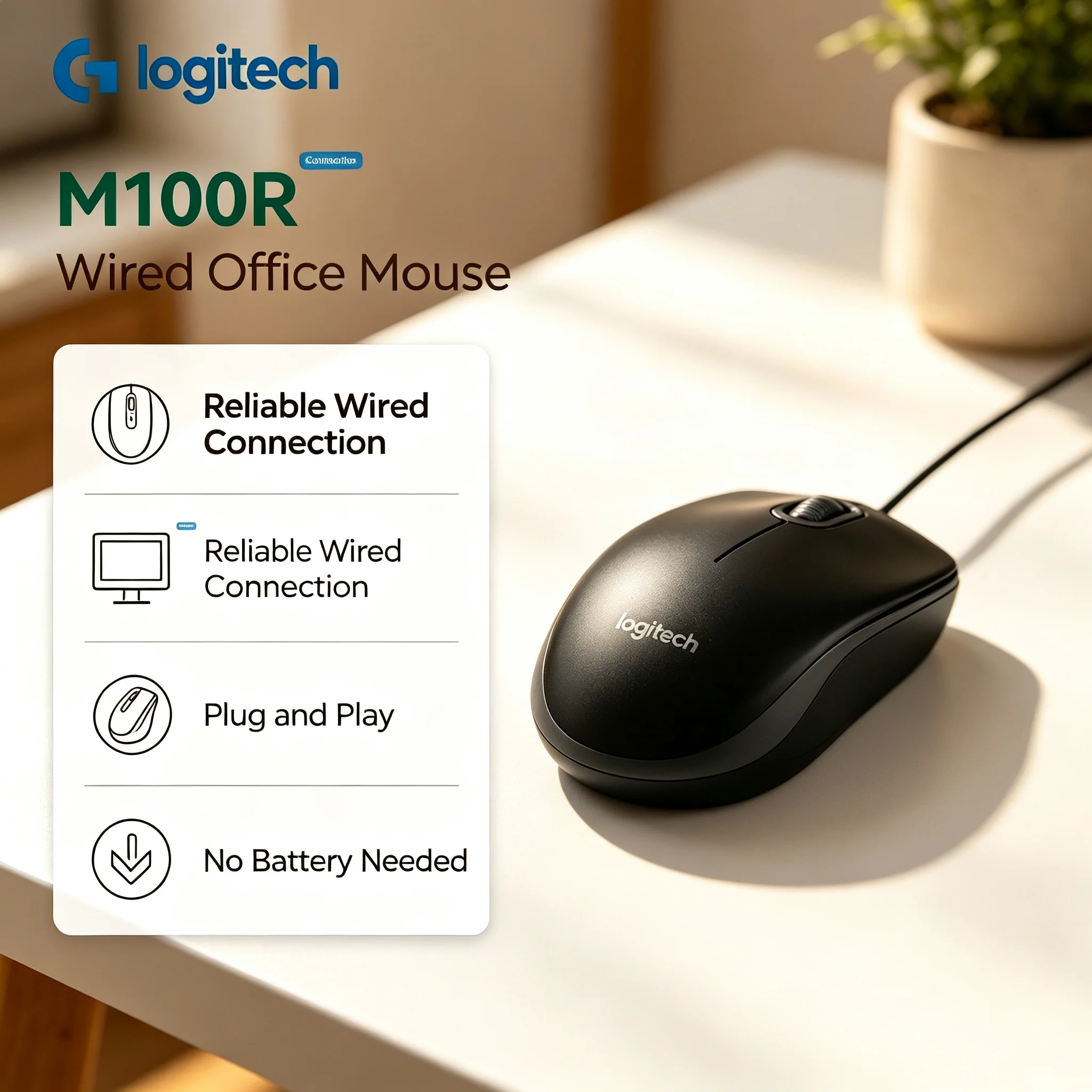 Logitech M100R Wired Office Mouse Easy Installation USB Optical Mice for All PC