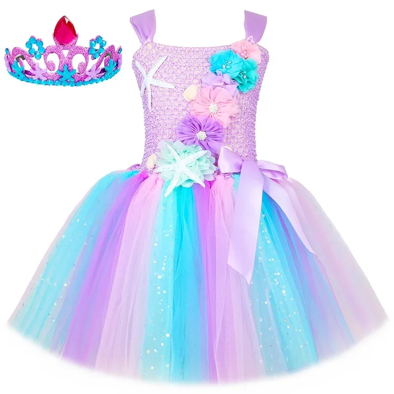 Prinses Zeemeermin Jurk voor Meisjes Pastel Bloemen Verjaardagsfeestje Tutu Jurken Halloween Kleine Zeemeermin Kostuum voor Kinderkleding - afbeelding 1