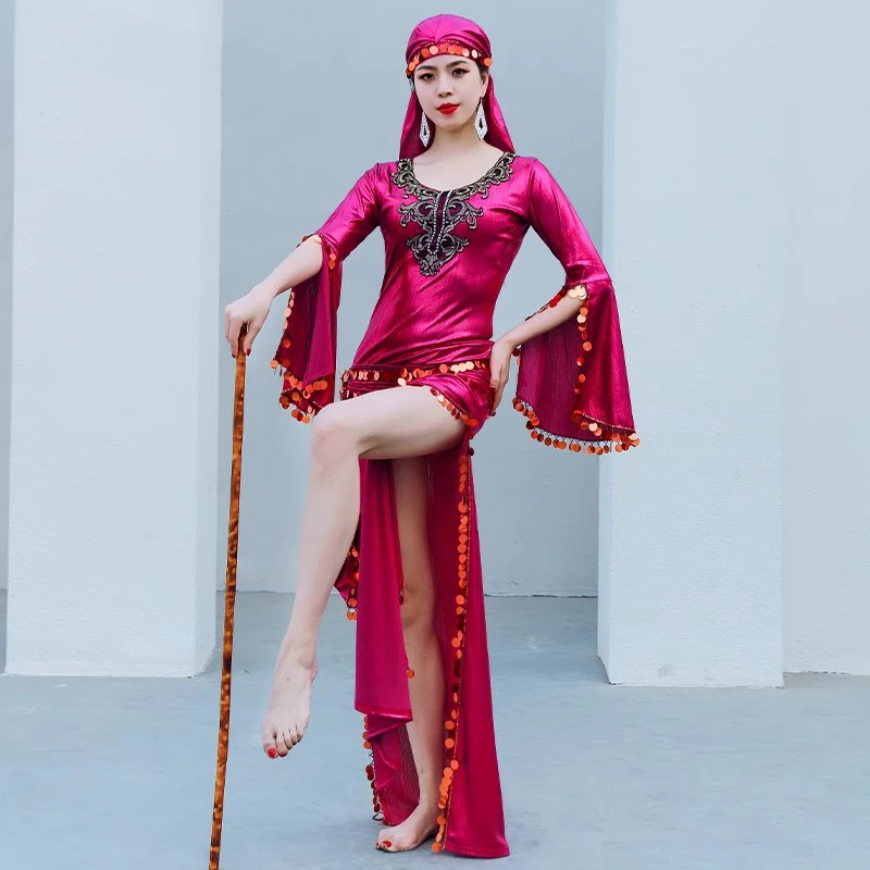 Women Belly Dance Saidi Robe Individual Group Performance Folk Dance Competition Suit Embroidered One-piece Dress with Sequins