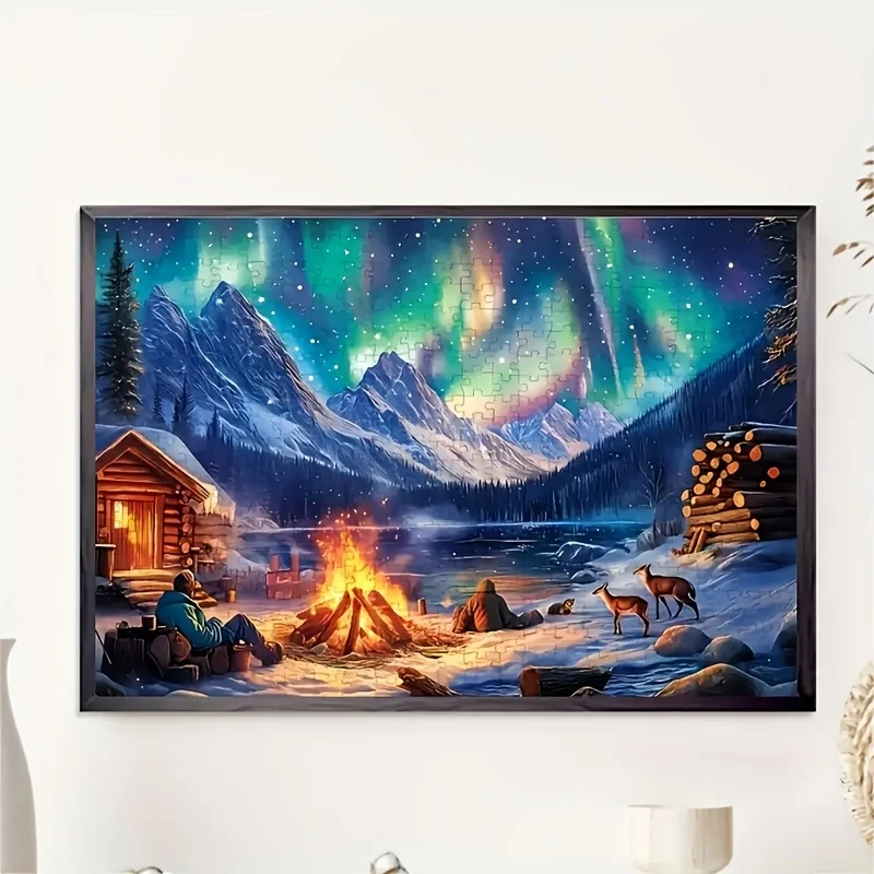 1000 Stück Aurora Bonfire Puzzle – herausforderndes Nordlichter-Design, kratzfest, tragbar, ideal für Spielacht