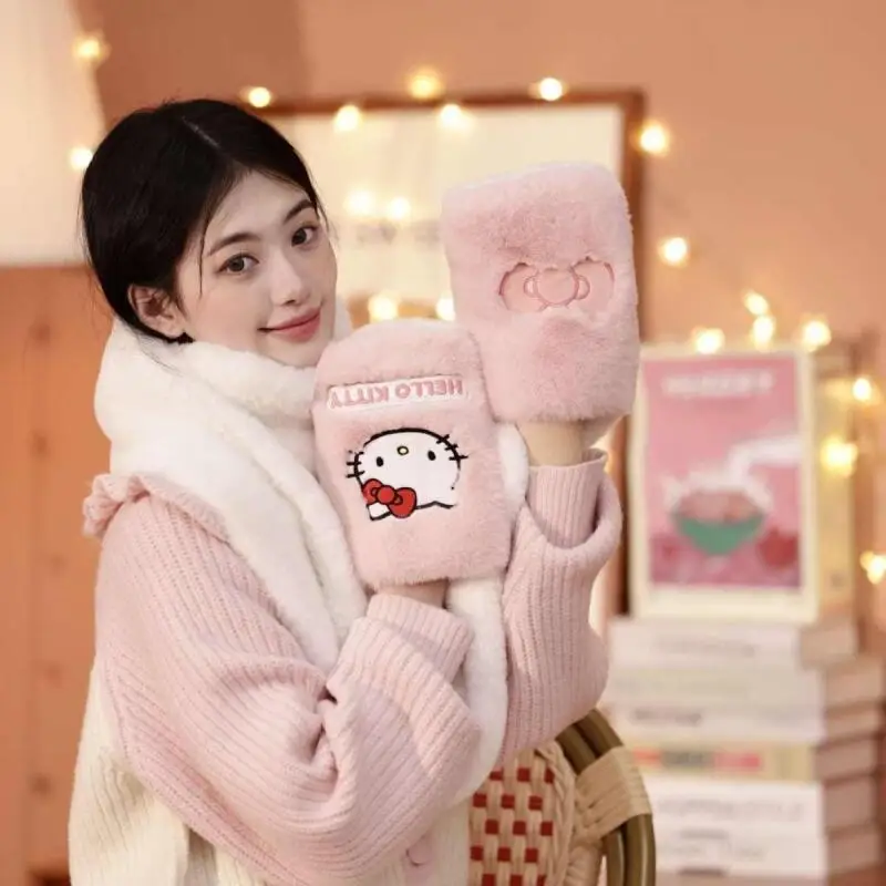 

Sanrio Hello Kitty Scarf Girl Winter Integrated Scarf and Gloves Thicken Keep Warm Long Style Versatile Kawaii Fashion New Scarf