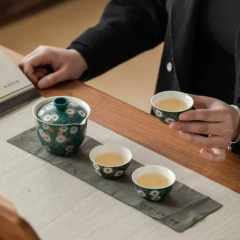 Wrinkle Ju Convenient Travel Tea Set One Pot Three Cups Practical Souvenir for Outdoor Camping Colorful Unique Gaiwan Teapot Set