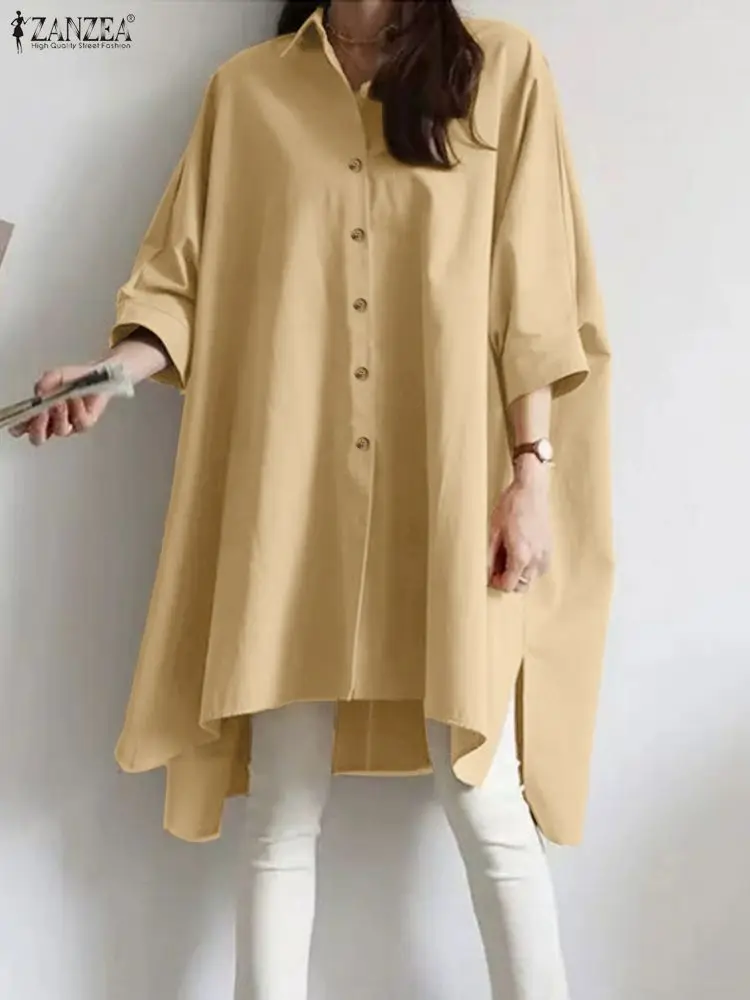 

Oversize Women Shirt ZANZEA 2025 Autumn Long Shirts Fashion Lapel Neck 3/4 Sleeve Blouse Casual High Low Tops Buttons Up Chemise