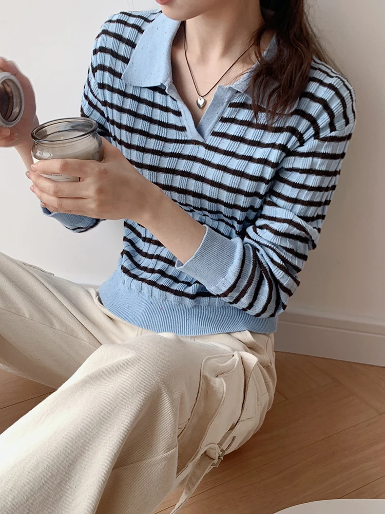 

Женская трикотажная рубашка Boran с длинными рукавами, повседневный универсальный топ в полоску, корейский стиль, модный облегающий крой B2D6062S