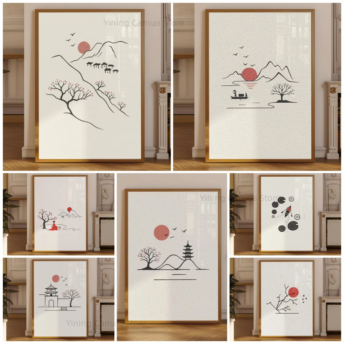 Minimalist Japanese Ink Poster, Red Sun Branch Line Art with Birds, Zen Wabi Sabi Japandi Wall Art Print, Modern Asian Decor